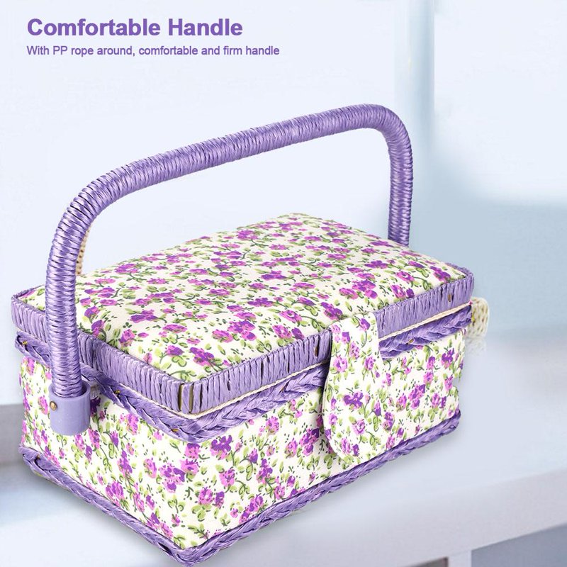 Handmade Sewing Basket Organizer with Double Layer Storage & Floral Print