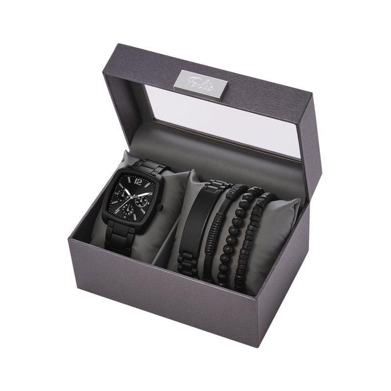 Men's Matte Black Watch Gift Set with Leather & Beaded Bracelets