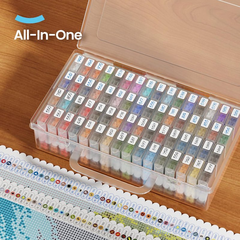 64-Compartment Bead Storage Box with Labels for Diamond Painting Supplies