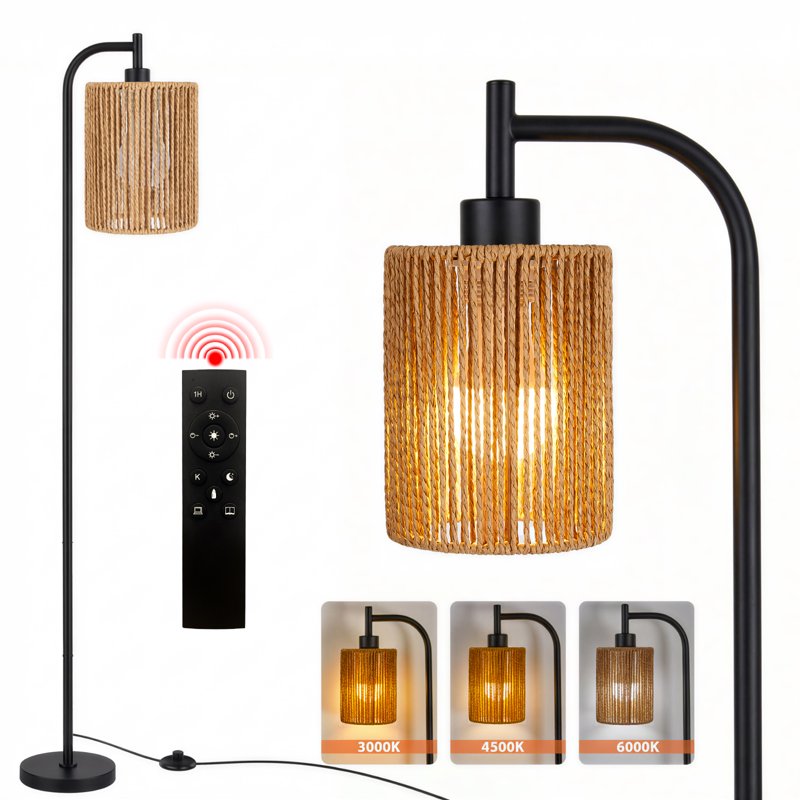 66-Inch Rattan Floor Lamp with Remote Control, Dimmable & Adjustable Color Temperature