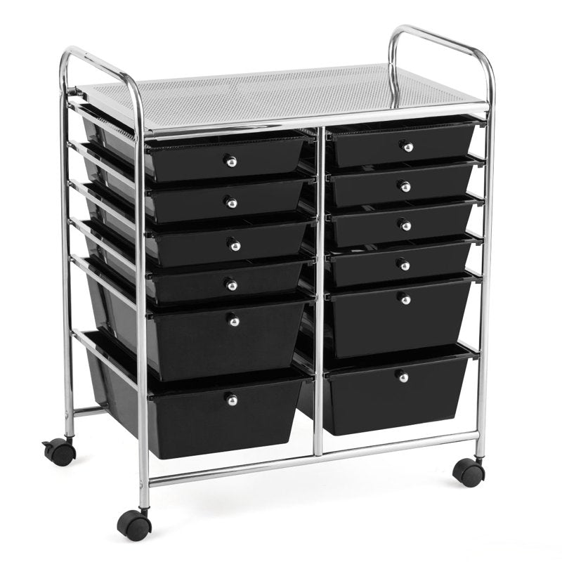 12-Drawer Rolling Storage Cart with Lockable Wheels - Black Metal Organizer