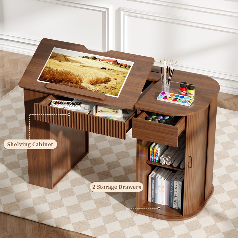Wood Drafting Desk with Charging Station, Tiltable Surface & Storage