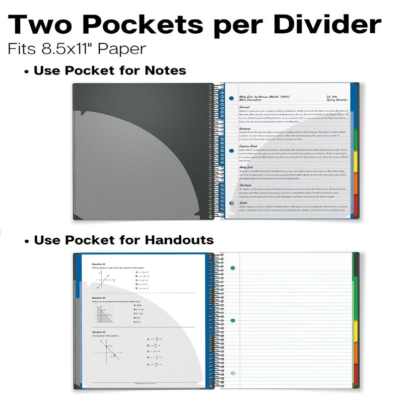 5-Subject Spiral Notebook with Removable Dividers 300 Pages College Ruled