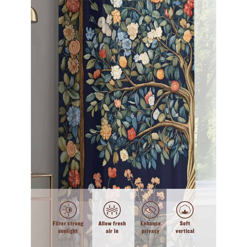 Semi Sheer Floral Curtain Set with 2 Panels - Boho Vintage Botanical Window Treatment