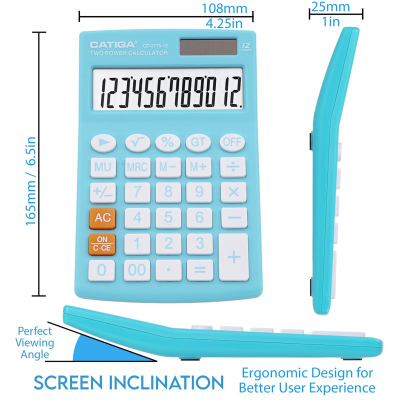 Handheld Calculator 12-Digit LCD Display Office School Light Blue