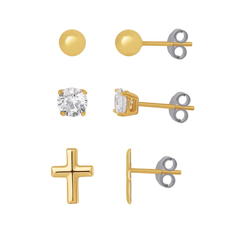 Sterling Silver Gold-Plated Cross & Ball Earrings with Cubic Zirconia for Women