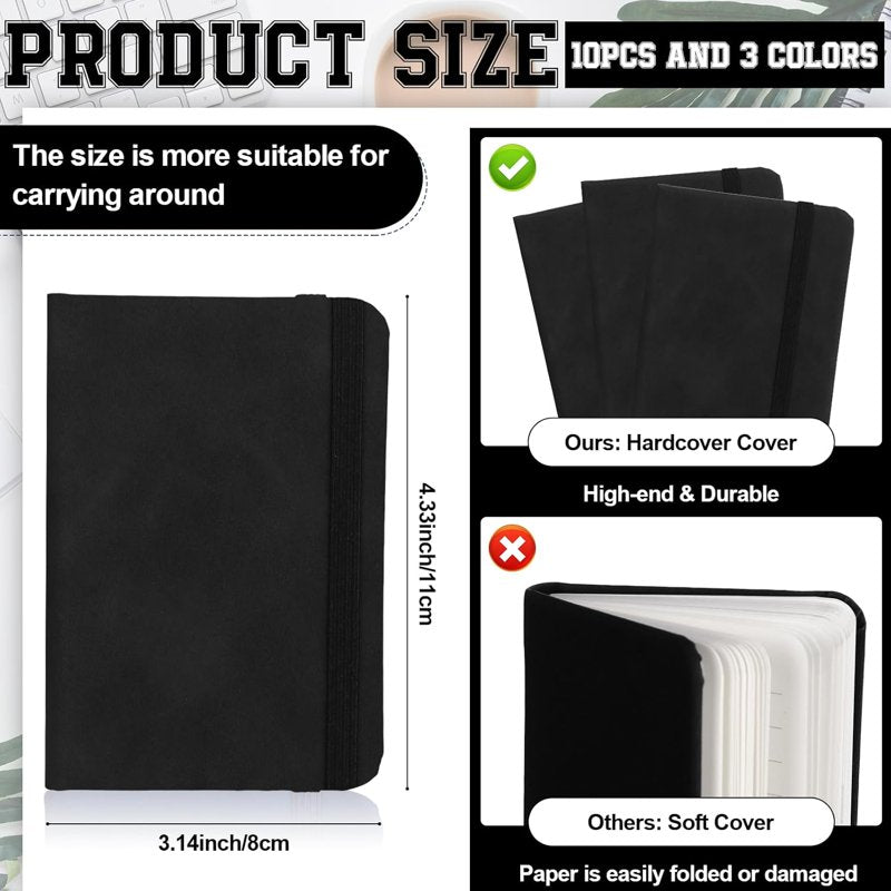 Leather Pocket Notebook Set - Mini A7 Notepad 4.33 x 3.14 Inch with Elastic Band, 10 Black Journals
