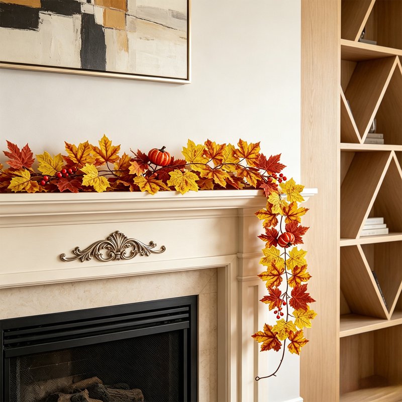 Artificial Fall Maple Leaf Garland with Mini Pumpkins for Thanksgiving Decor - 78 Inch