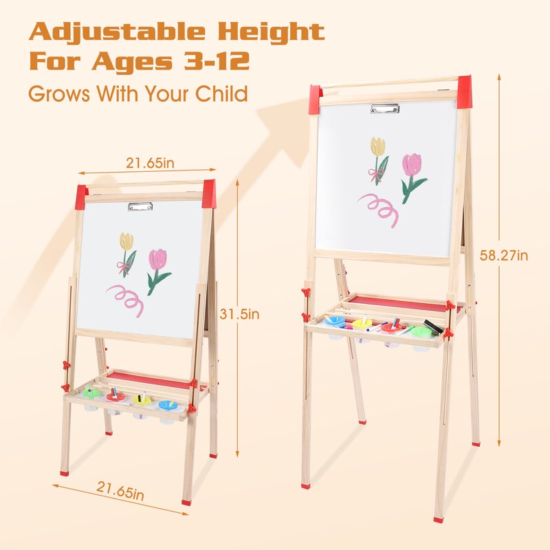 Wooden Art Easel with Double-Sided Chalkboard & Whiteboard - Adjustable & Foldable Art Stand with Accessories