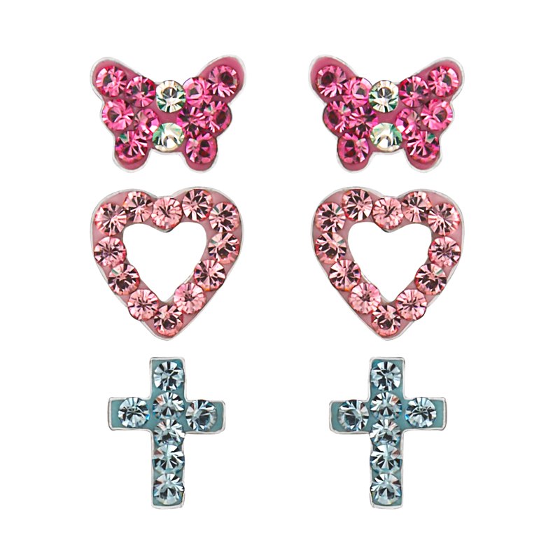 Sterling Silver Crystal Heart Butterfly Cross Earring Set for Girls & Tweens