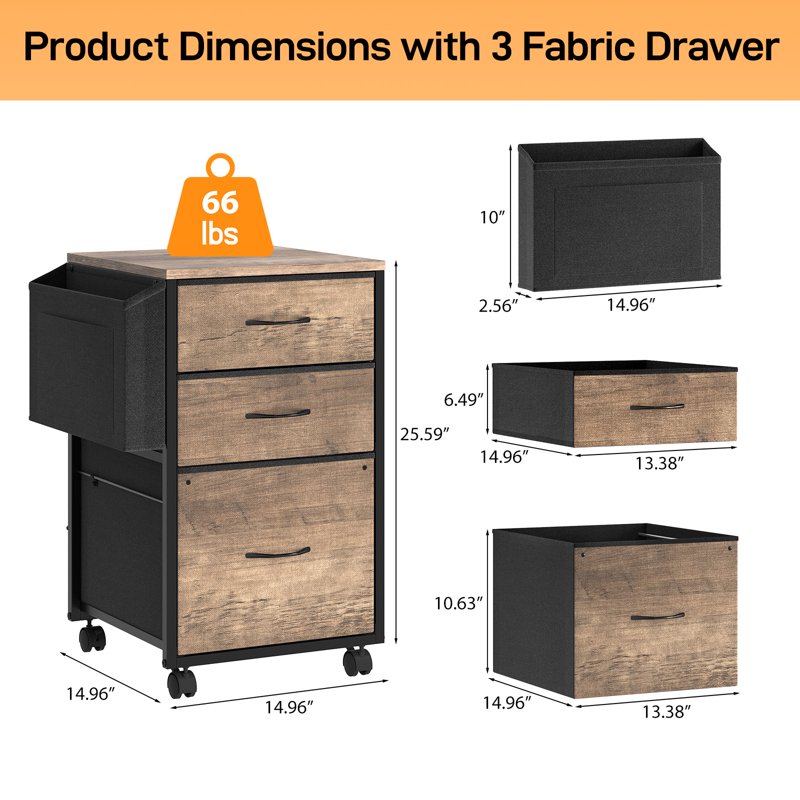 Rolling File Cabinet with 3 Fabric Drawers & Side Bag - Home Office Storage Stand