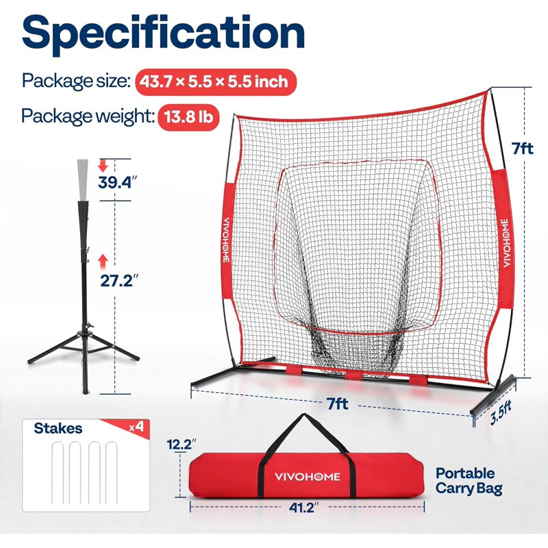 Baseball Softball Practice Net Set with Batting Tee and Carry Bag for Hitting Pitching