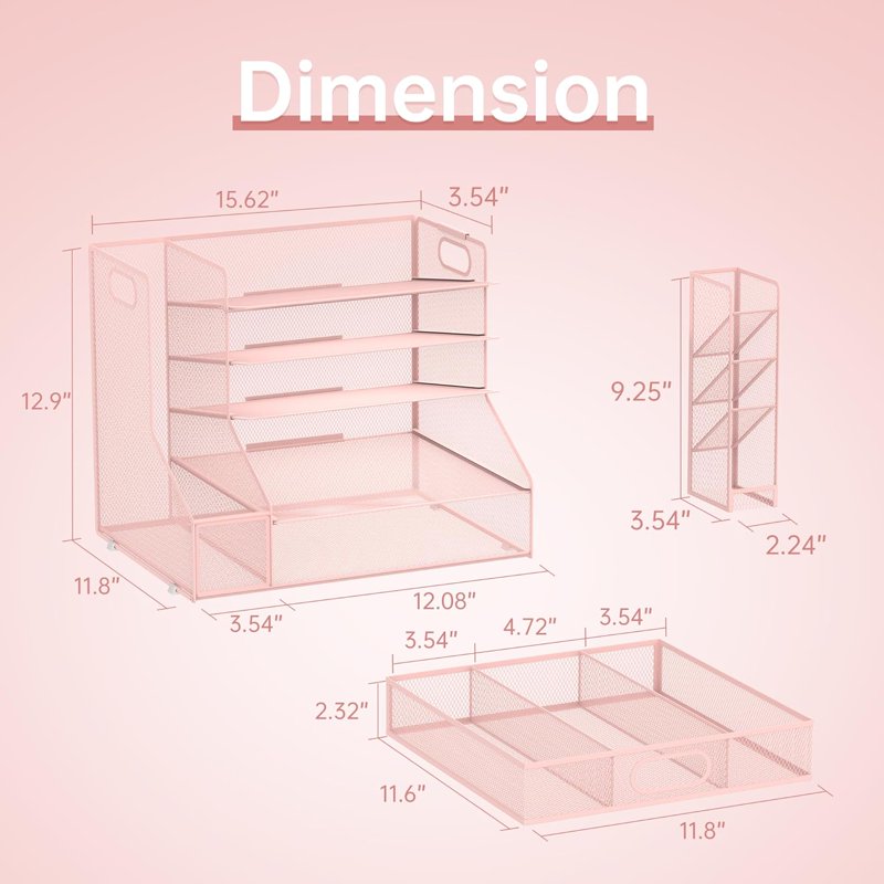 INTIGE 5-Tier Metal Desktop Organizer with Pink 1 Drawer, File Rack & Pen Holder