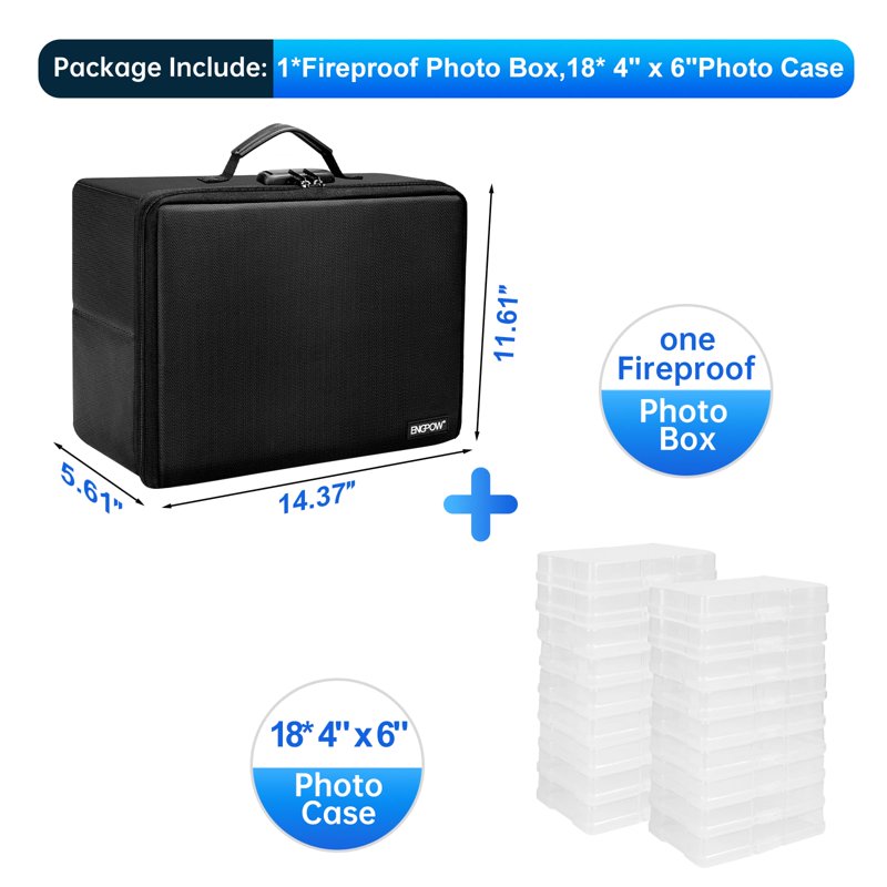 Fireproof Photo Storage Box with Lock and 18 Photo Cases - 4x6 Inch Organizer for Photos, Documents, Valuables