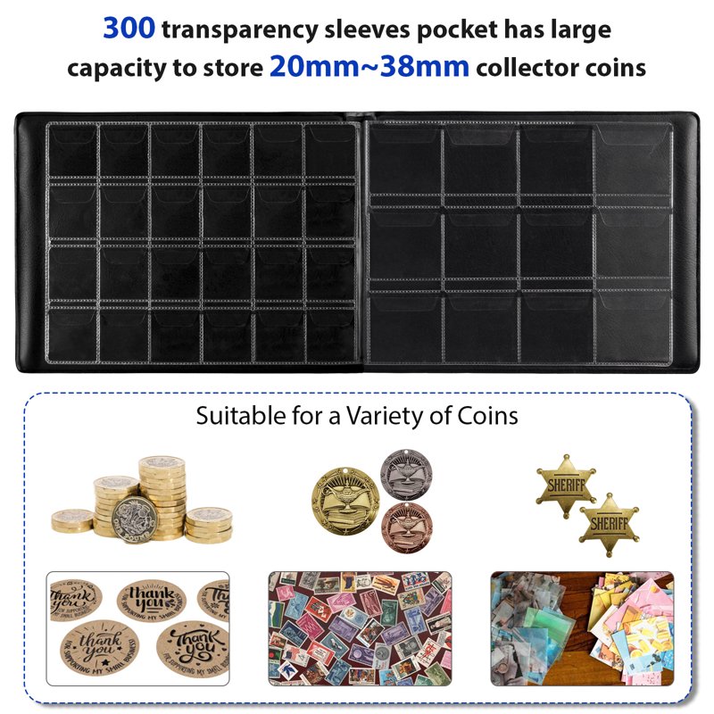 Coin Collection Organizer Album with 300 Transparent Sleeves - Black Earth Pattern