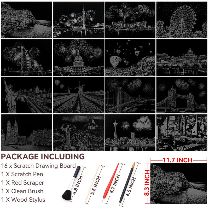 16 Sheets Scratch Art Set for Kids & Adults - Rainbow Foil Drawing Kit
