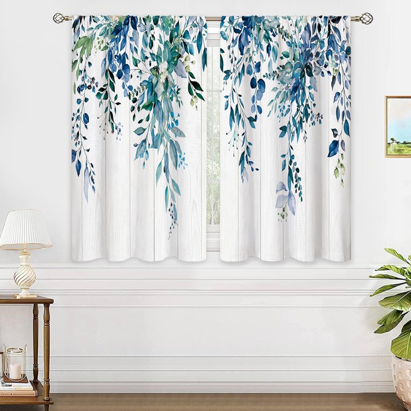 Farmhouse Botanical Kitchen Curtains Set - Blue Leaves Window Treatment 27.5x39 inch