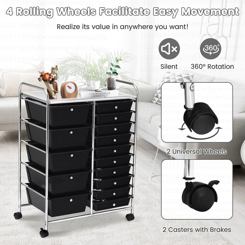 15 Drawer Rolling Storage Cart for Crafts Home Office & Garage Organization
