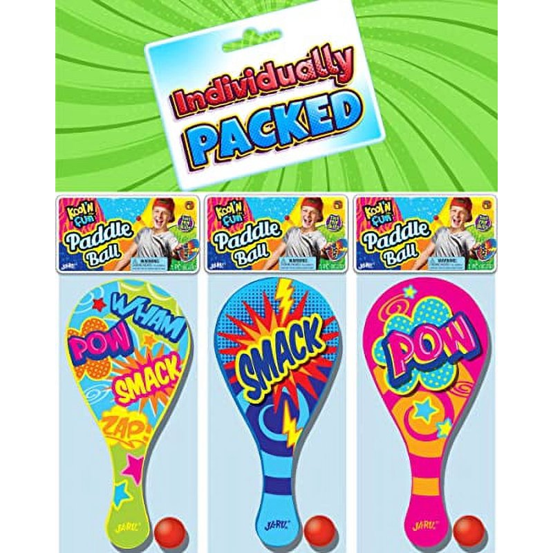 Ja-Ru Paddle Ball Set - 3 Multicolor Paddles with String, Neon Variation