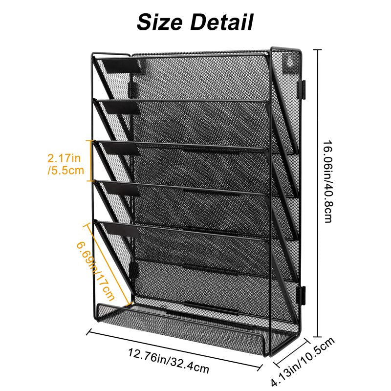 Mesh 5-Tier Wall Mount File Organizer with Bottom Tray for Office & Home