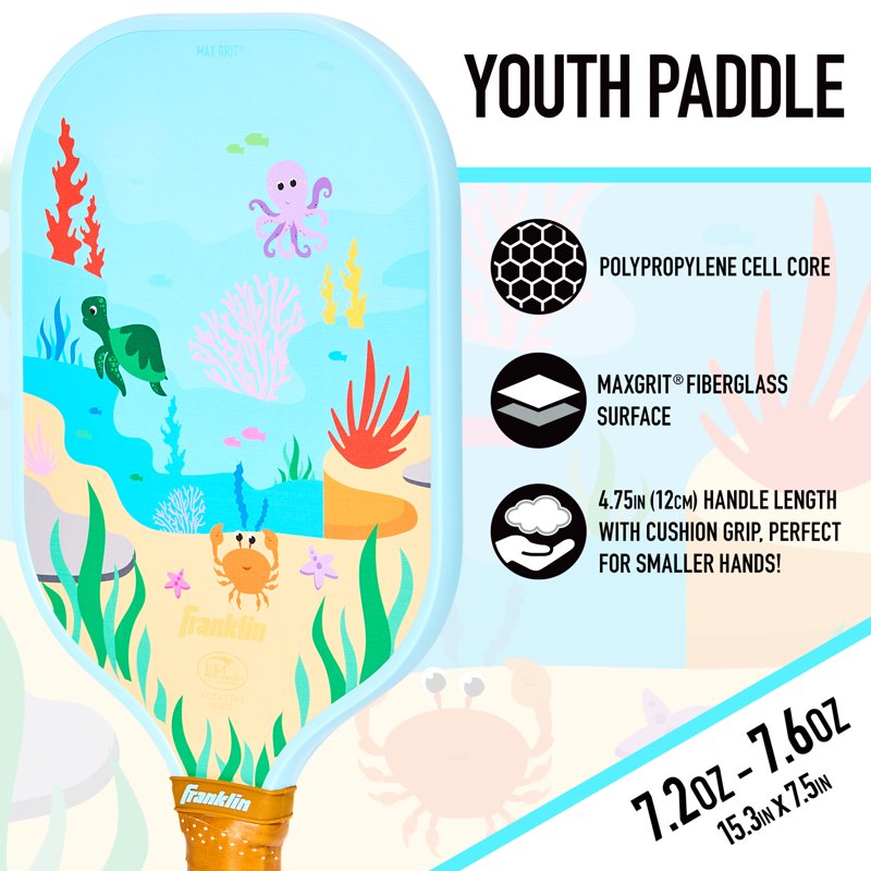 Youth Pickleball Paddle - Franklin Max Grit Fiberglass Surface, Polypropylene Core - USA Pickleball Approved - Sealife Variation