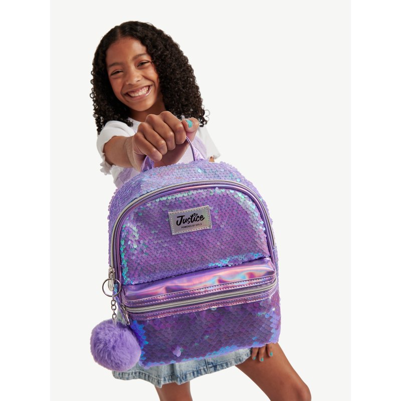 Girls Mini Backpack with Sequin and Pom-Pom Details, Adjustable Straps - Multiple Colors