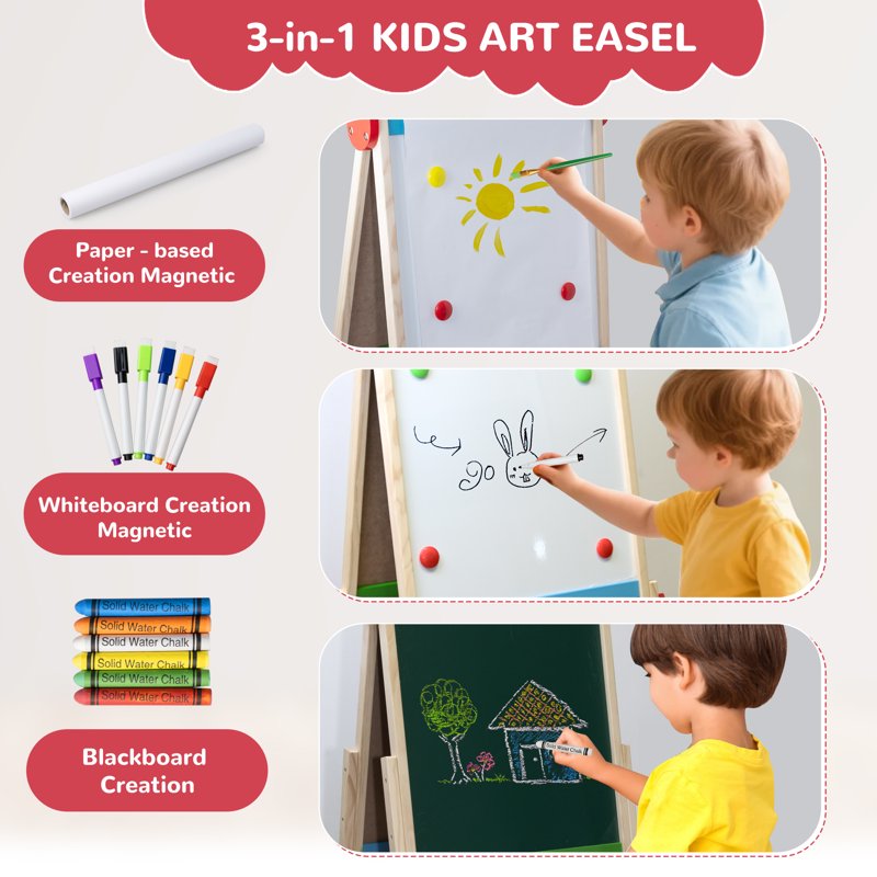 Kids Wooden Art Easel with Adjustable Height, Double-Sided Chalkboard & Painting Accessories