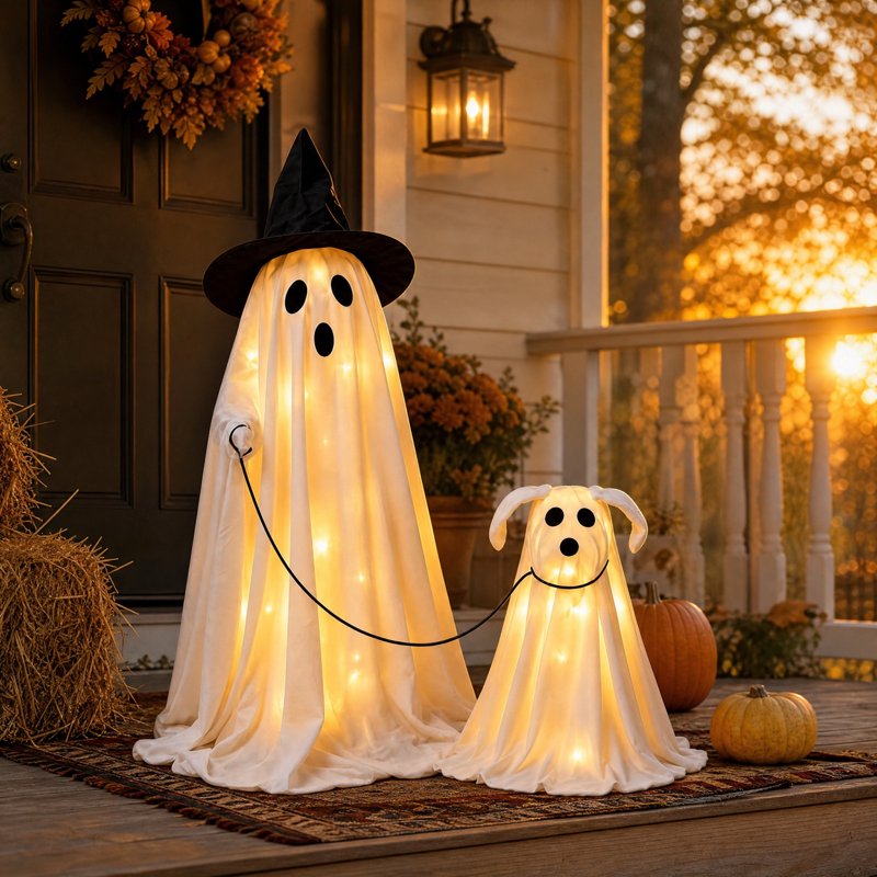 Halloween Outdoor Decorations Ghost Dog Set with Remote Control String Lights - 2 Pack