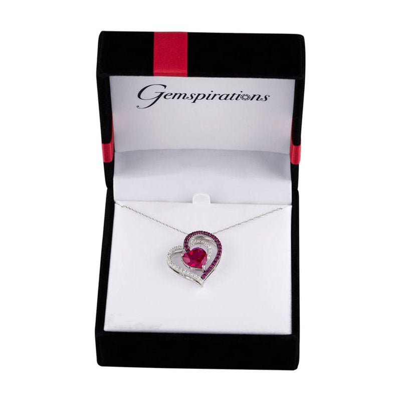 Sterling Silver Heart Pendant with Simulated Ruby & CZ Necklace Jewelry