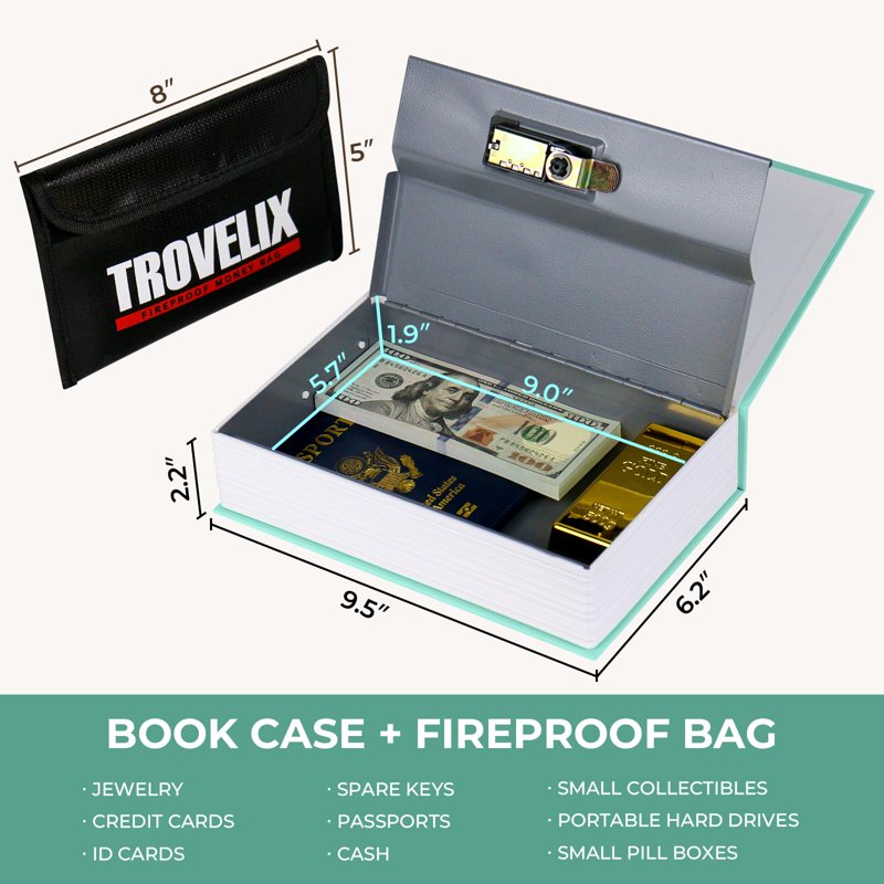 Book Safe with Combination Lock - Fireproof Money Bag & Hidden Storage, Vintage Green