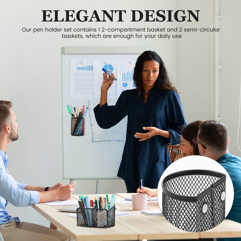 Magnetic Pen Holder & Desk Organizer Set with Metal Mesh Baskets - Black