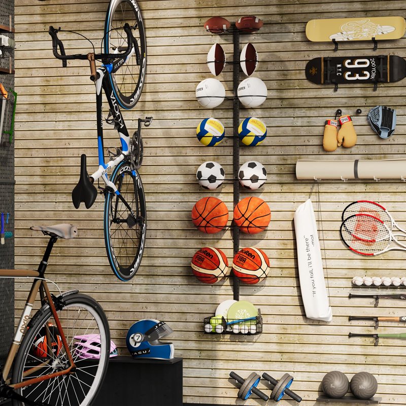 Wall-Mounted & Floor Standing Sports Ball Rack Organizer with Adjustable Hooks