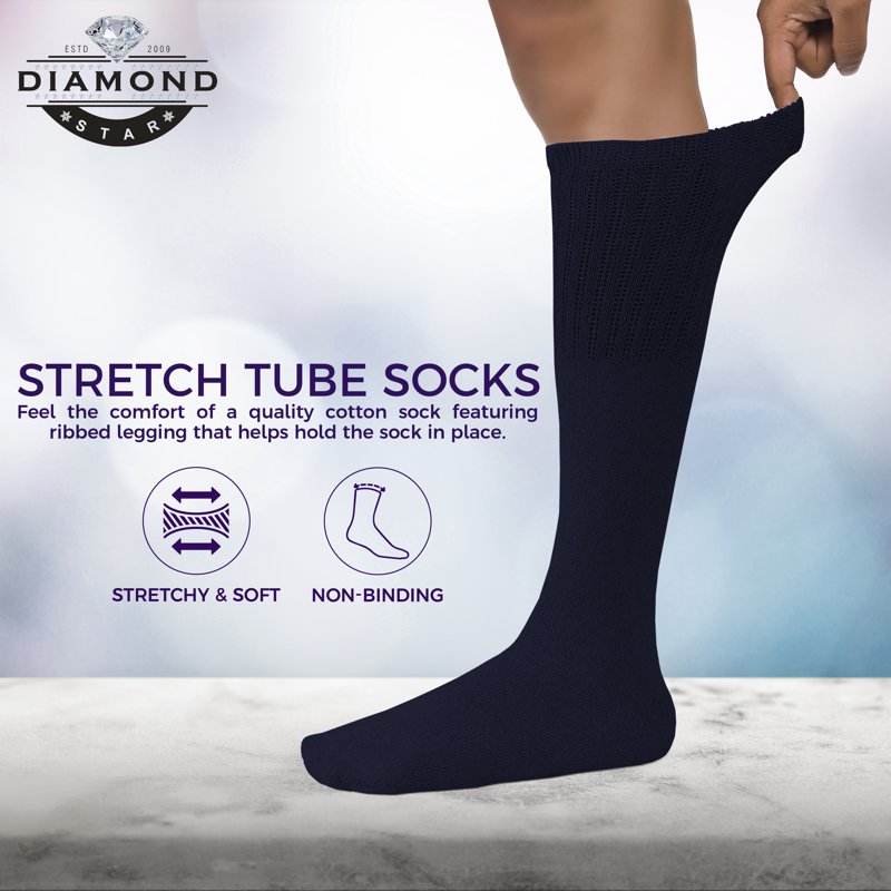 Diabetic Over The Calf Socks – Non-Binding Cushioned Cotton Knee High Men’s Socks Navy 6 Pairs