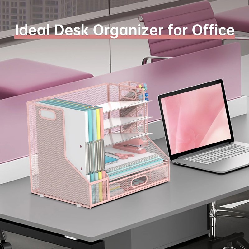 INTIGE 5-Tier Metal Desktop Organizer with Pink 1 Drawer, File Rack & Pen Holder