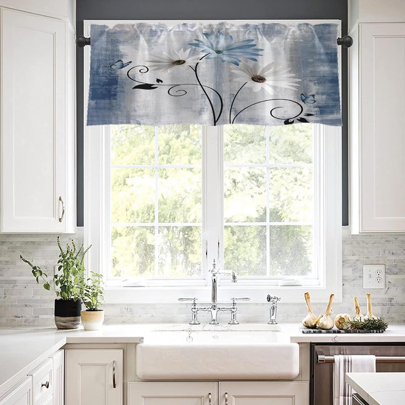 Farmhouse Style Window Valances 2 Pack - Blue Daisy Flowers & Butterfly Decor