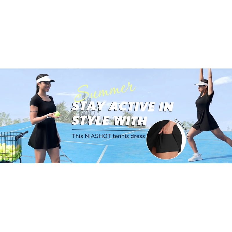 Women's Athletic Tennis Dress with Built-in Shorts & Pockets - Square Neck Short Sleeve Activewear