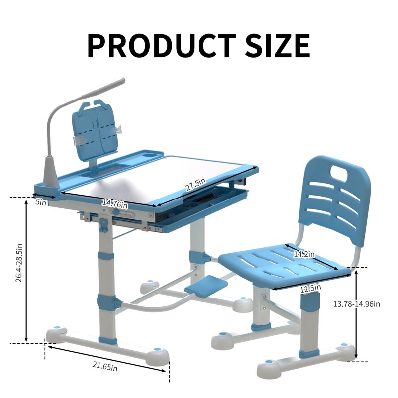 Height Adjustable Kids Desk and Chair Set with LED Light & Storage Drawer