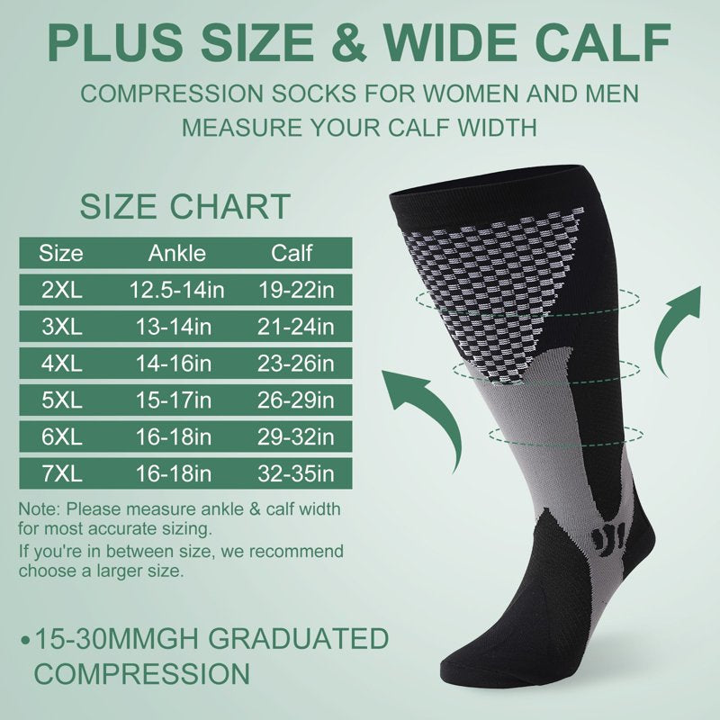 Plus Size Compression Socks for Women Men Wide Calf Support 15-30mmHg Knee High