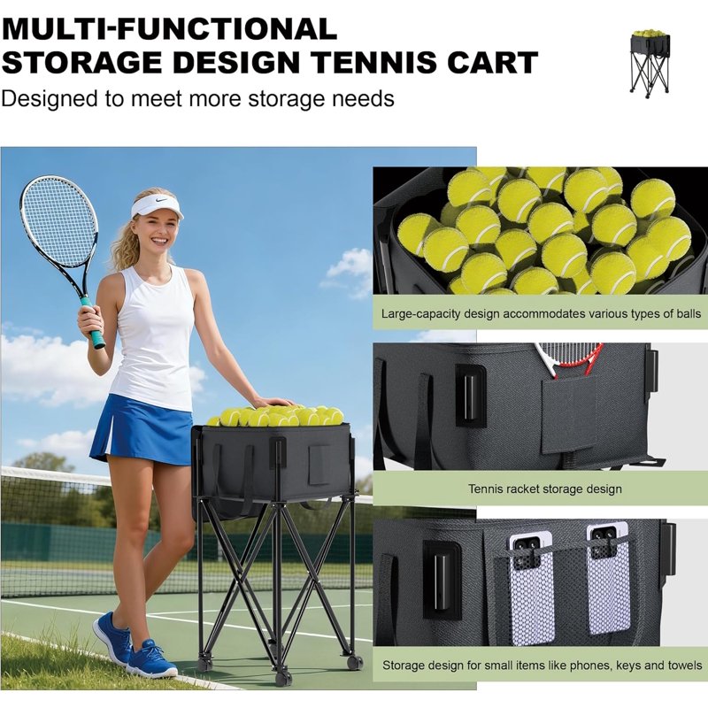 Wheeled Tennis Ball Hopper for 200 Balls with Removable Bag - Portable Tennis & Multi-Sport Cart