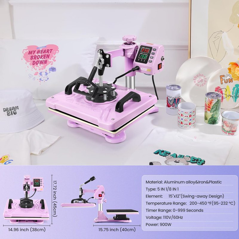 5-in-1 Heat Press Machine Combo for T-Shirts Hats Mugs Plates