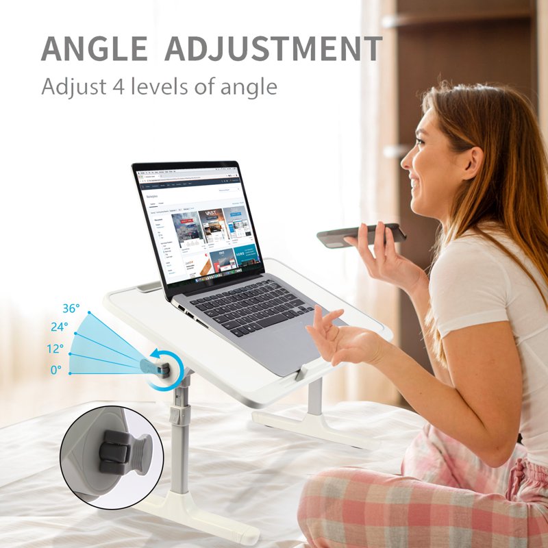 Adjustable Laptop Desk with Storage Drawer and Foldable Bed Tray - White