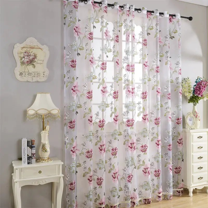 Sheer Floral Curtains - 84 Inch Length, Grommet Top Window Drapes for Living Room & Bedroom