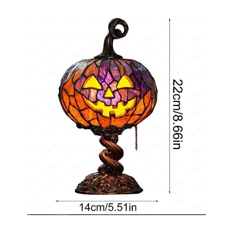 Halloween Stained Glass Pumpkin Table Lamp S (8.7in) Twisted Base - Jack-o-Lantern Amber Light