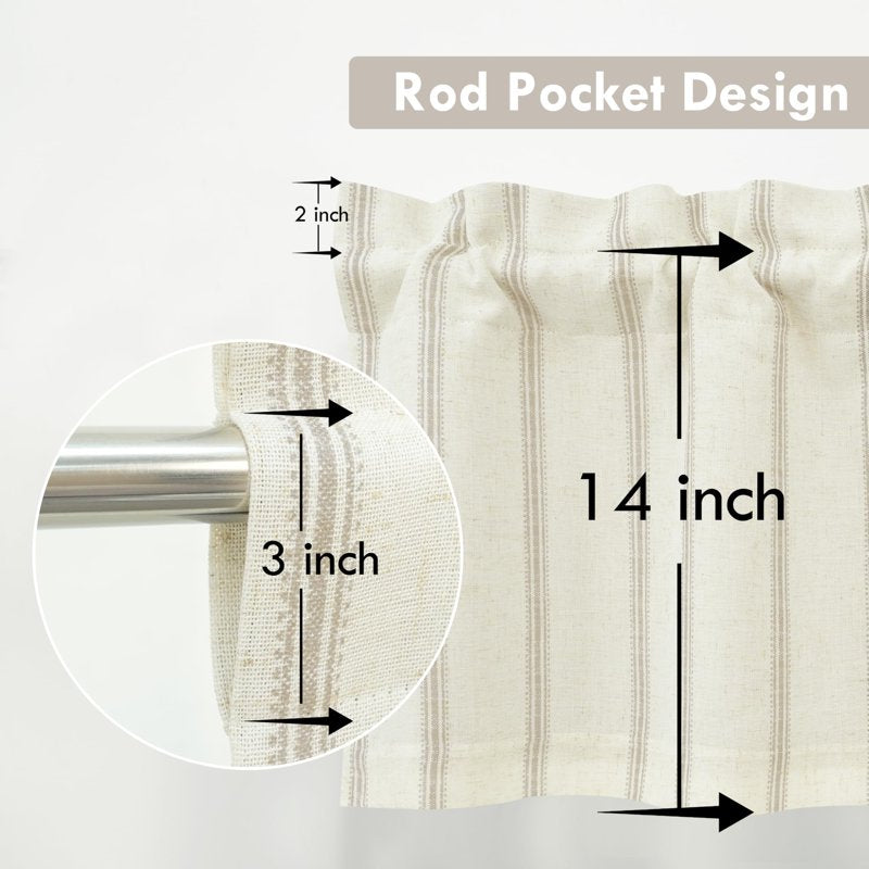 Farmhouse Linen Blackout Window Valance with Rod Pocket - Vintage Striped Design
