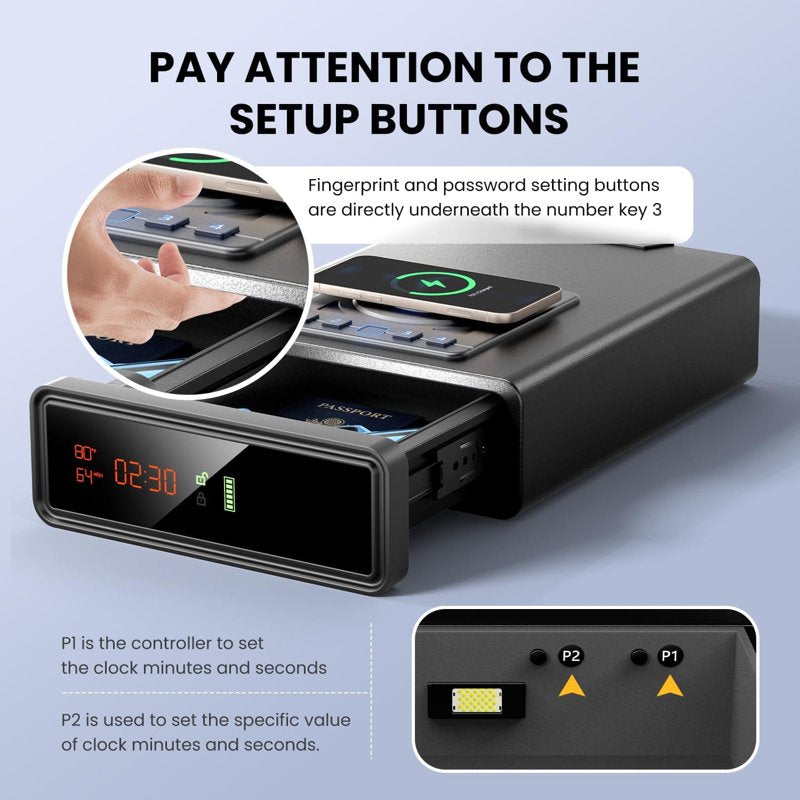 Biometric Safe with Wireless Charging and Digital Clock - Home Security Safe with Keypad