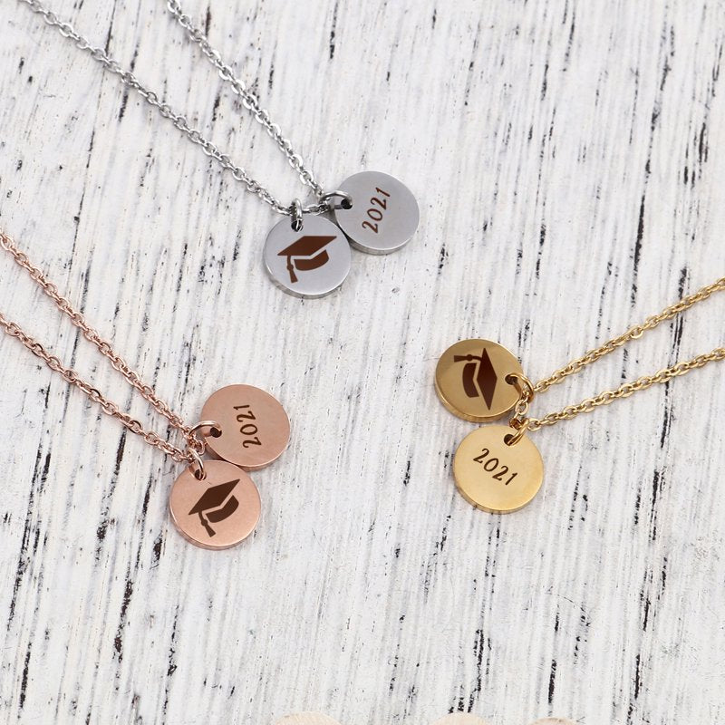 Graduation Necklace for Her - Stainless Steel Engraved Cap Pendant Gift for Daughter & Friend