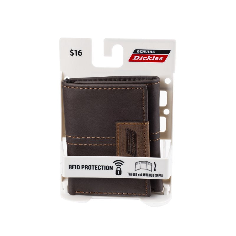 Men's RFID Leather Trifold Wallet with Interior Zipper & Logo Patch