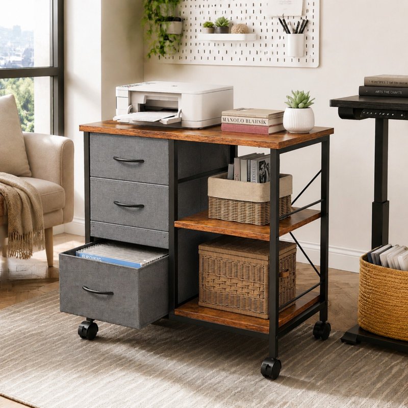 Rolling File Cabinet with Adjustable Shelves 3 Fabric Drawers Lockable Wheels