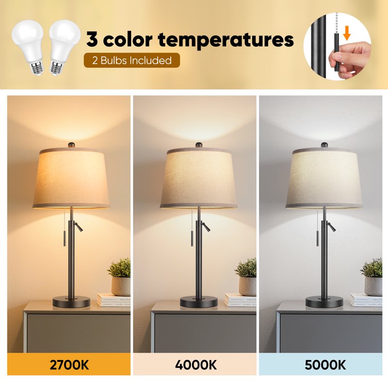 Height Adjustable Set of 2 Table Lamps for Bedroom Living Room - Black
