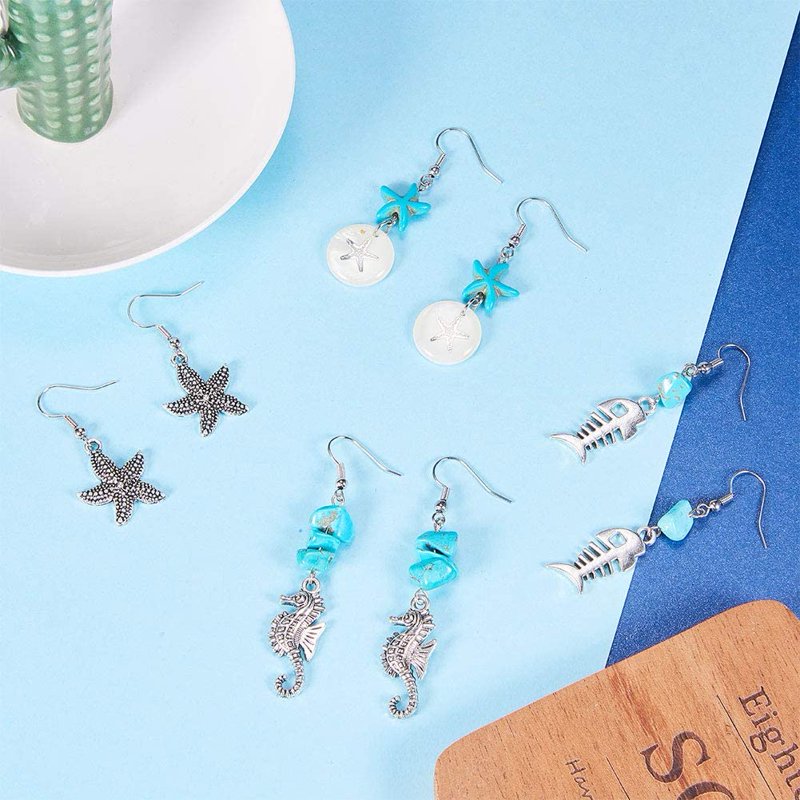 DIY Jewelry Making Kit for Earrings - Starfish, Seahorse, Shell Turquoise Pendants, Complete Supplies for 10 Pairs